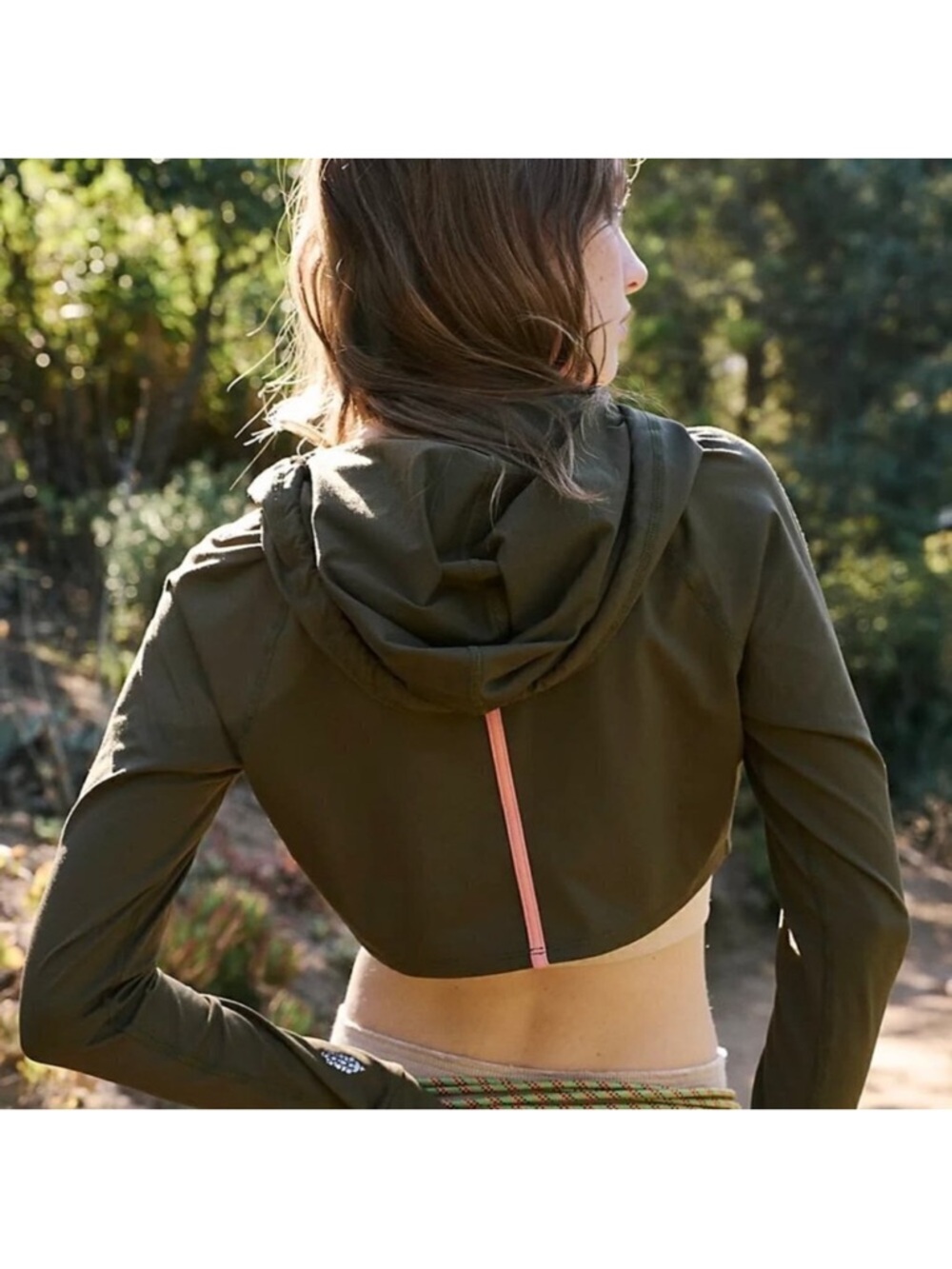 Cropped Olive Green Bomber Hoodie with Pink Back Stripe
